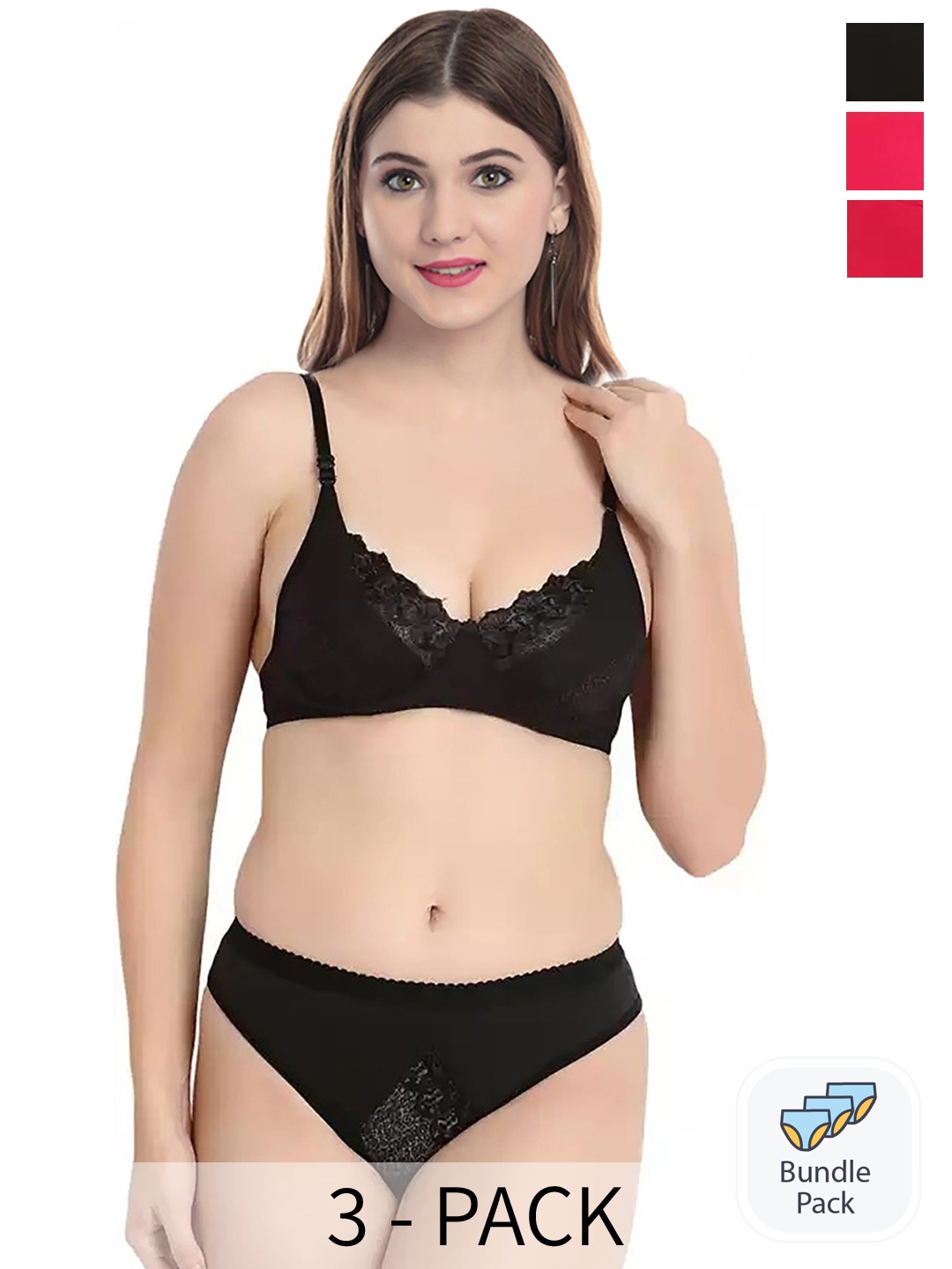 

AROUSY Pack Of 3 Self Design Cotton Lingerie Set, Red