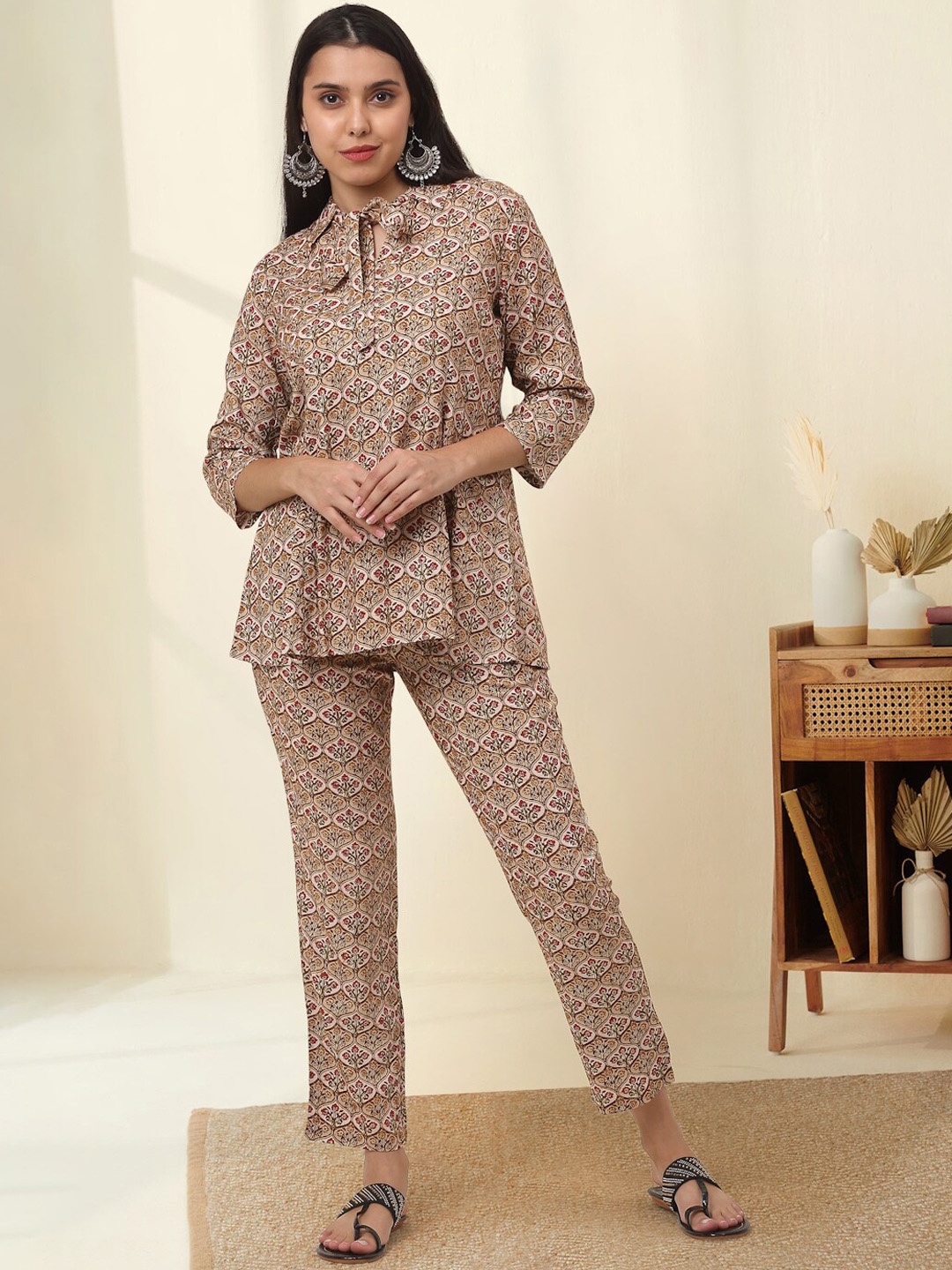 

KALINI Women Floral Printed Top & Trouser, Beige