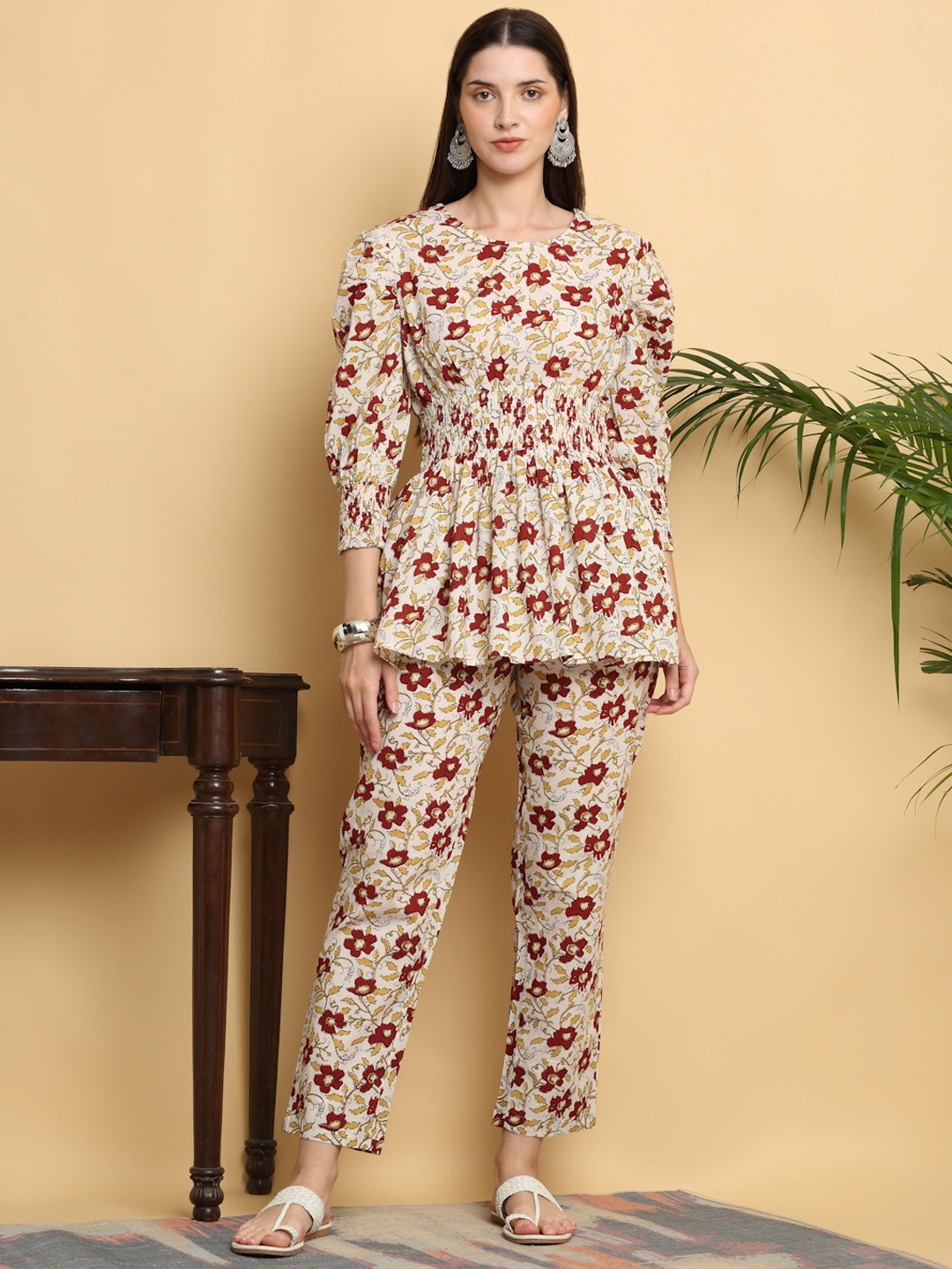 

KALINI Floral Printed Pure Cotton Top With Trouser Co-Ords, Beige