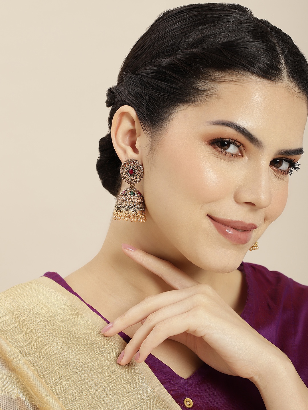 

Anouk Gold-Toned & White Dome Shaped Jhumkas Earrings