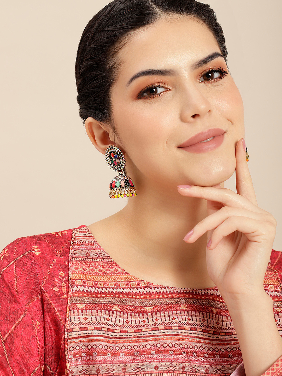 

Anouk Gold-Plated Artificial Stones & Beads-Studded Dome Shaped Jhumkas Earrings