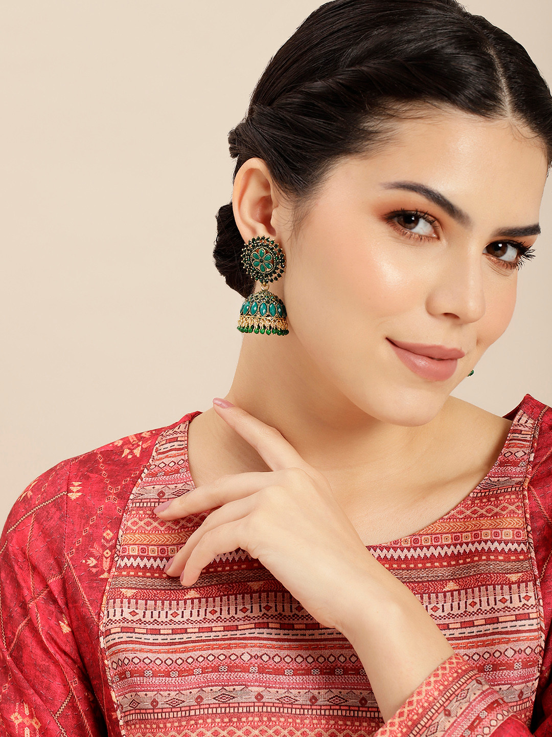 

Anouk Gold-Plated Artificial Stones & Beads-Studded Dome Shaped Jhumkas Earrings