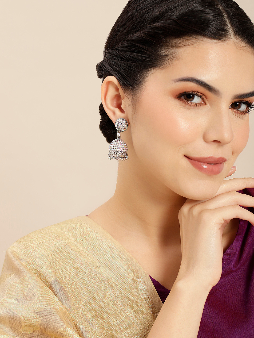 

Anouk Silver-Toned Dome Shaped Jhumkas Earrings