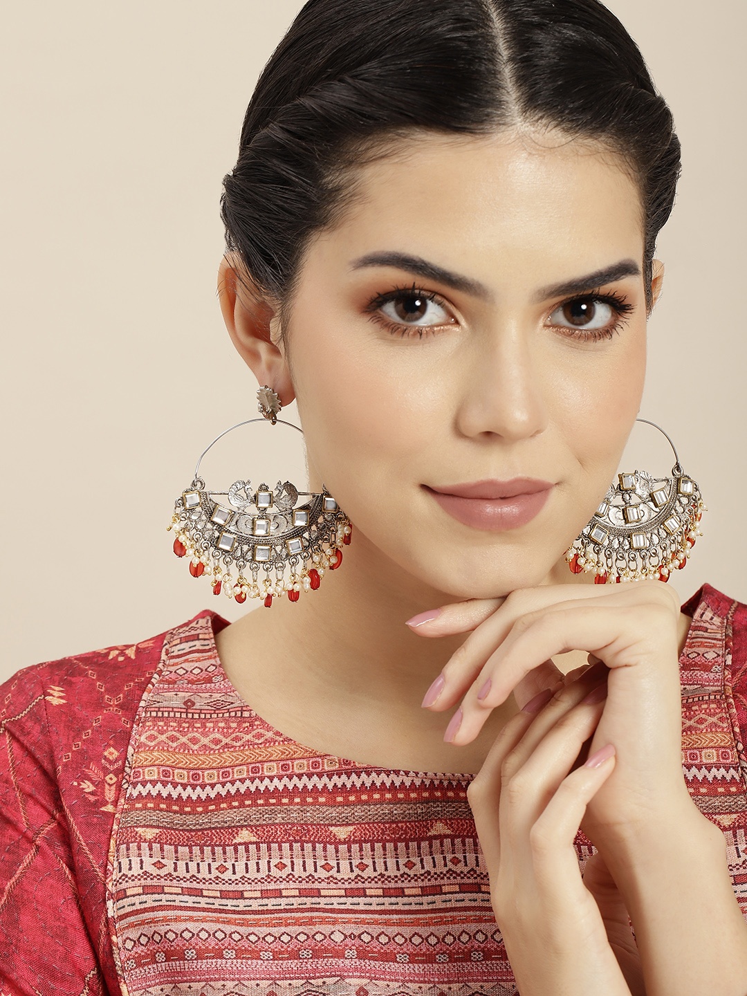 

Anouk Gold-Plated Artificial Stones & Beads-Studded Teardrop Shaped Hoop Earrings