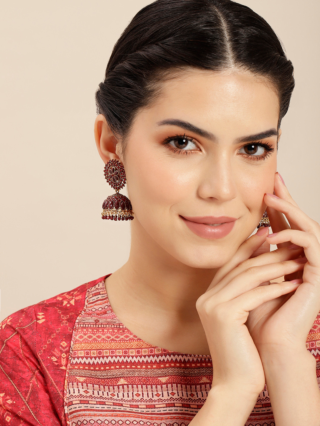 

Anouk Gold-Plated Artificial Stones & Beads-Studded Dome Shaped Jhumkas Earrings