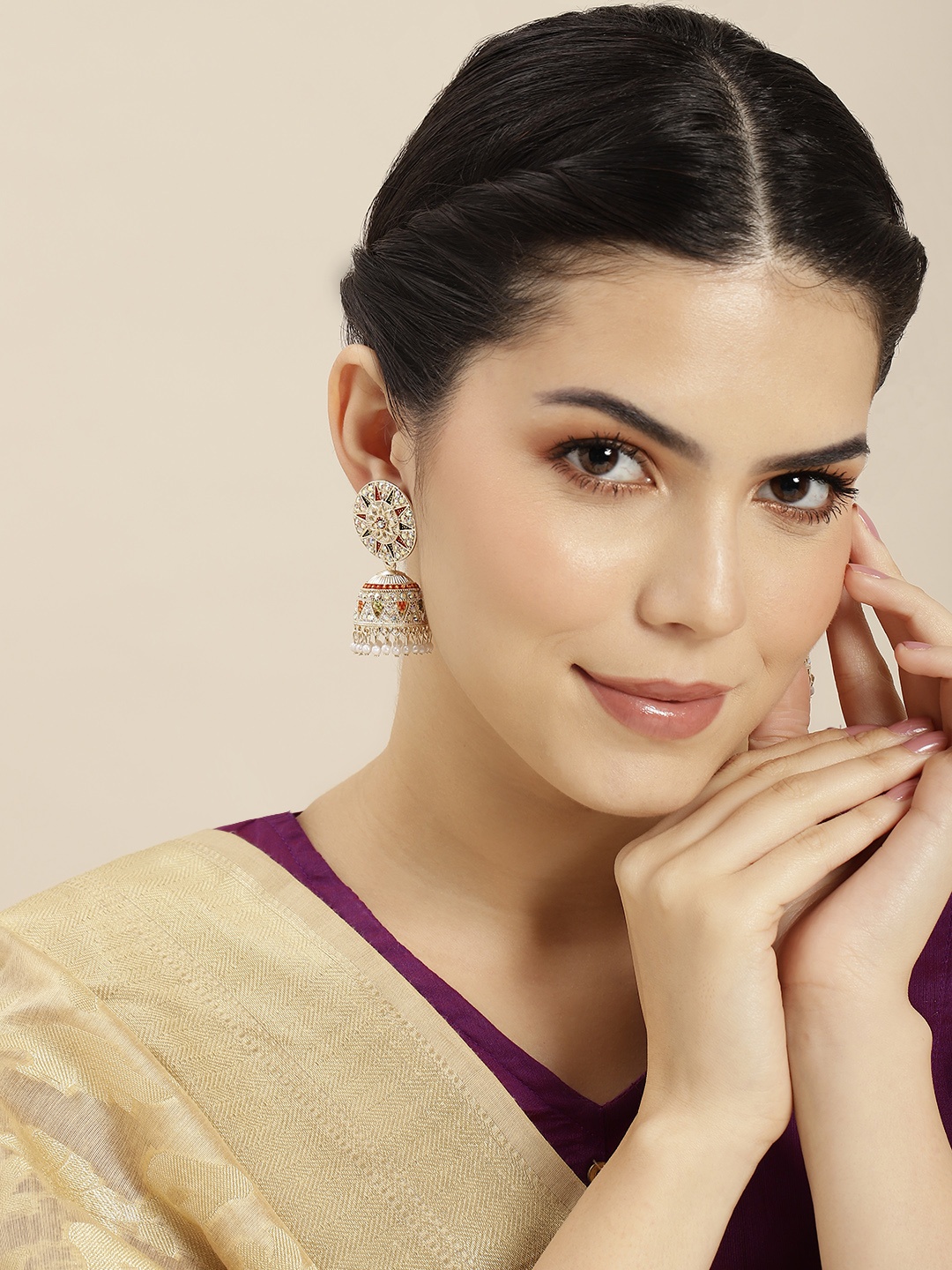 Anouk Gold-Toned & Coral Dome Shaped Jhumkas Earrings