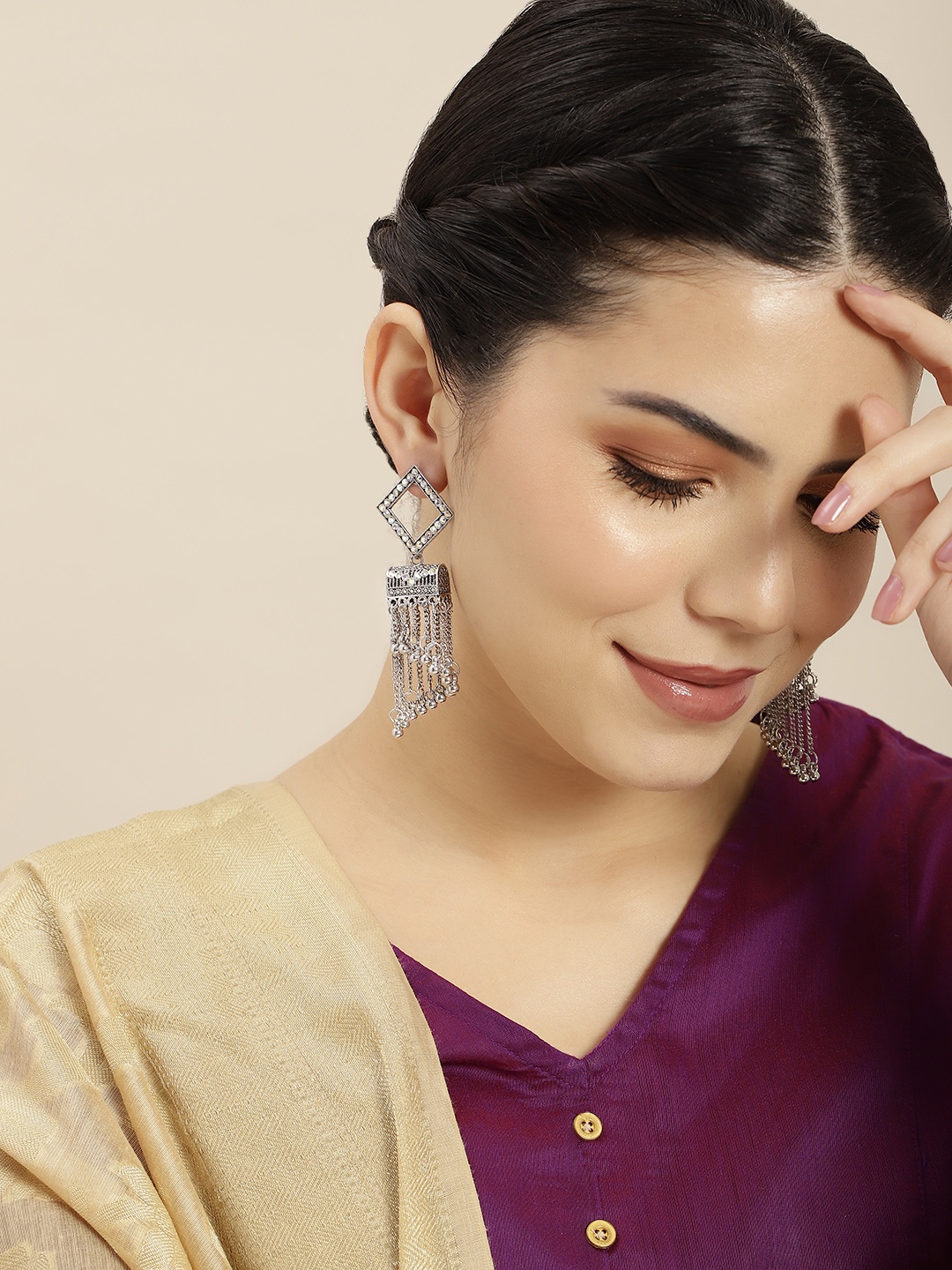 

Anouk Silver-Toned Geometric Jhumkas Earrings