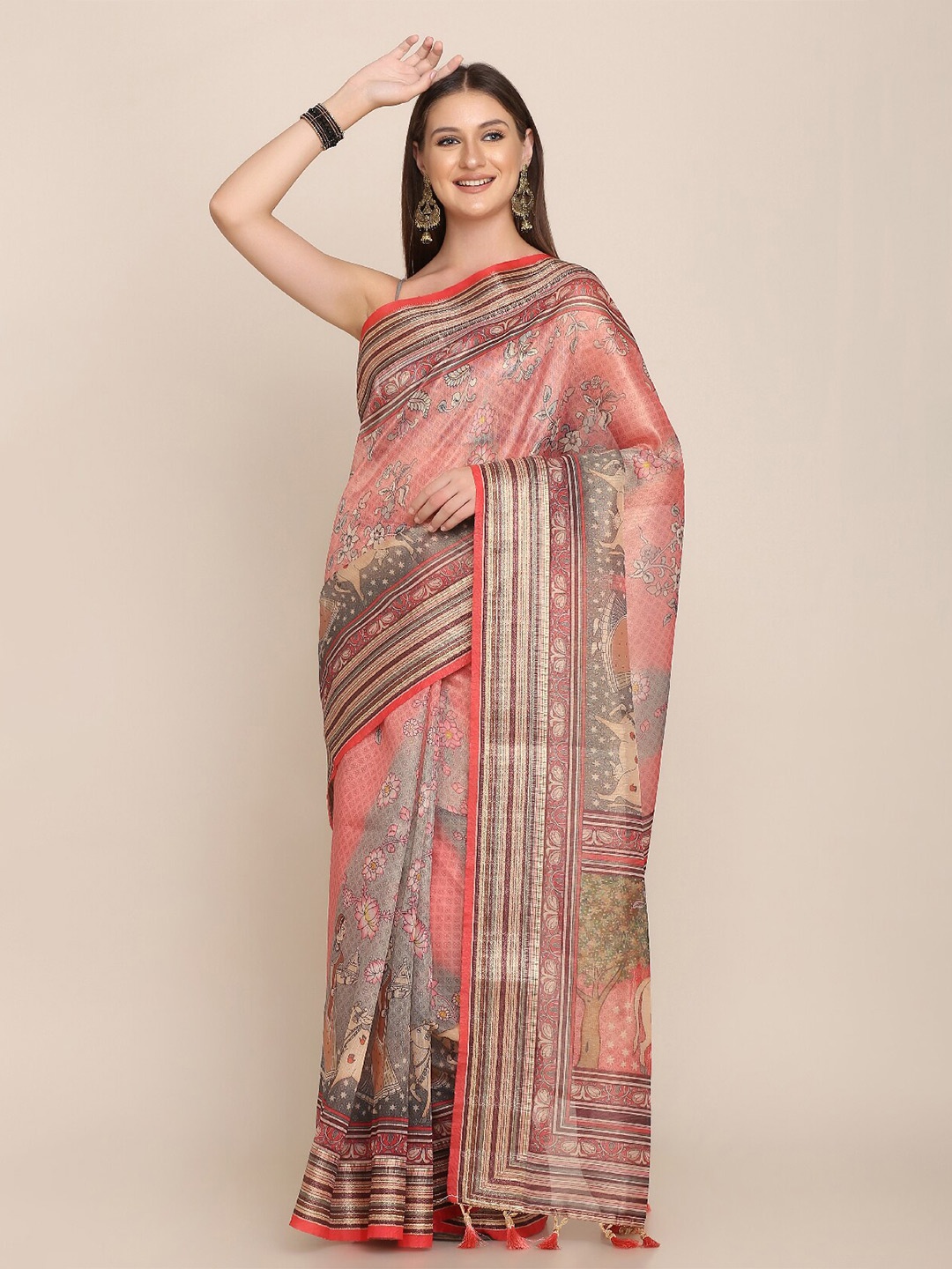 

Kaizen TEXO FAB Floral Printed Tussar Saree, Pink
