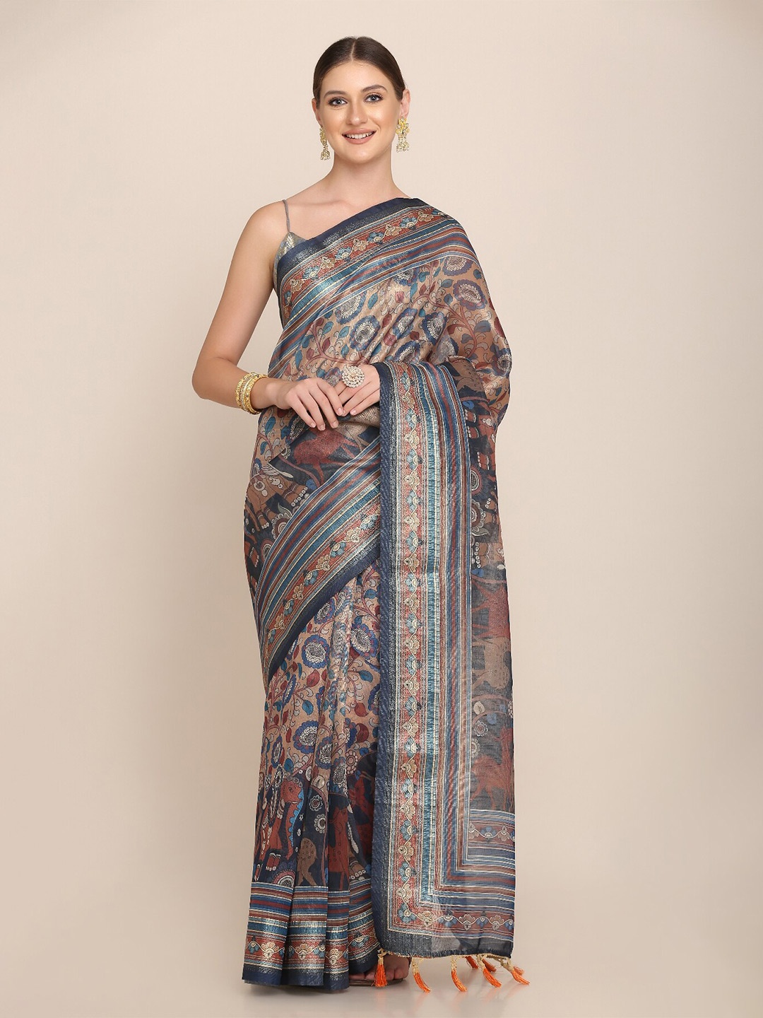 

Kaizen TEXO FAB Ethnic Motifs Printed Tussar Saree, Blue