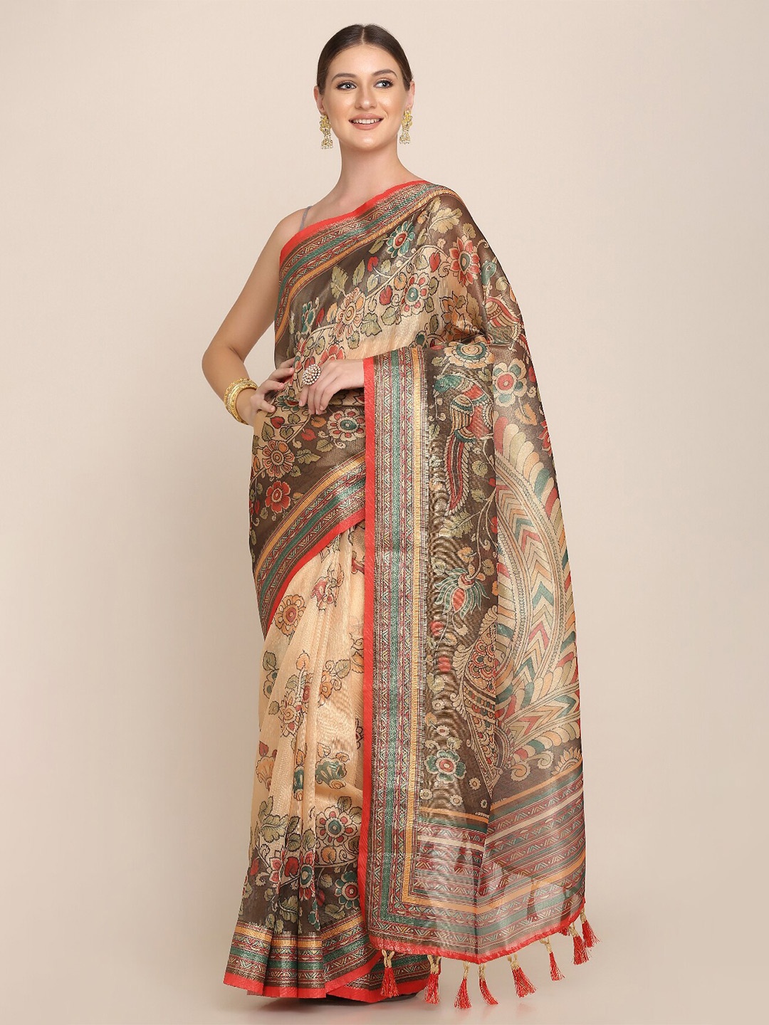 

Kaizen TEXO FAB Kalamkari Printed Tussar Saree, Red