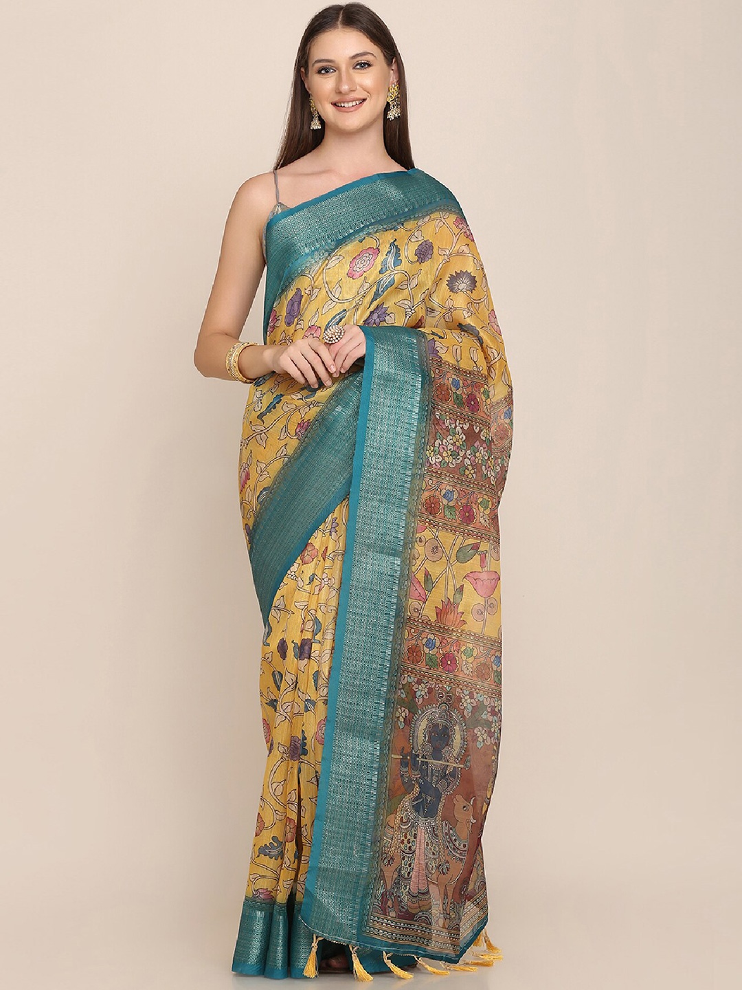 

Kaizen TEXO FAB Ethnic Motifs printed Zari Tussar Saree, Yellow