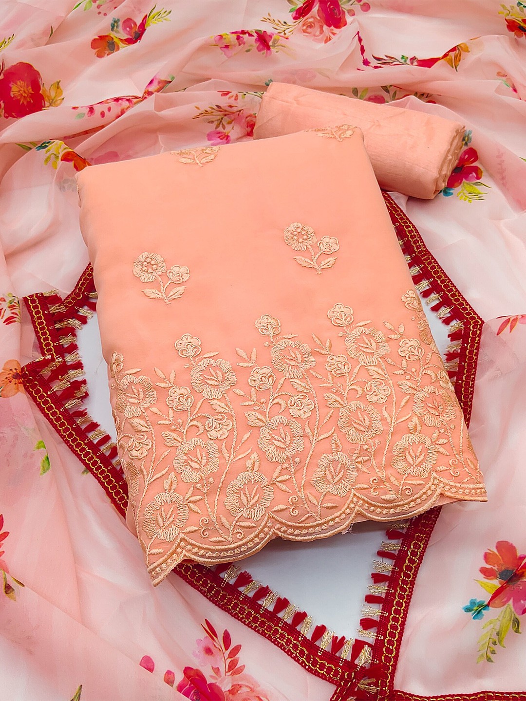 

SHADOW & SAINING Floral Embroidered Zari Silk Georgette Unstitched Dress Material, Peach