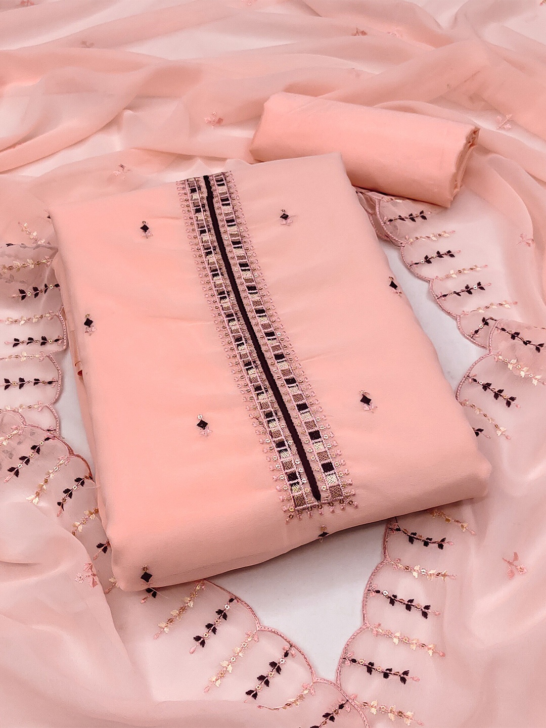 

SHADOW & SAINING Embroidered Unstitched Dress Material, Peach