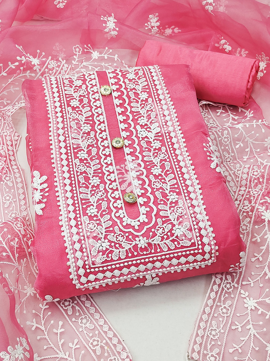 

SHADOW & SAINING Ethnic Motifs Embroidered Organza Unstitched Dress Material, Pink