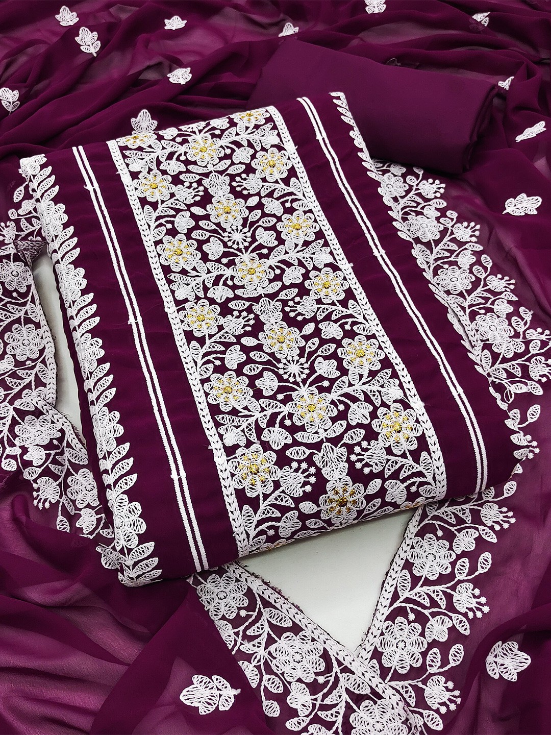 

SHADOW & SAINING Floral Embroidered Unstitched Dress Material, Purple