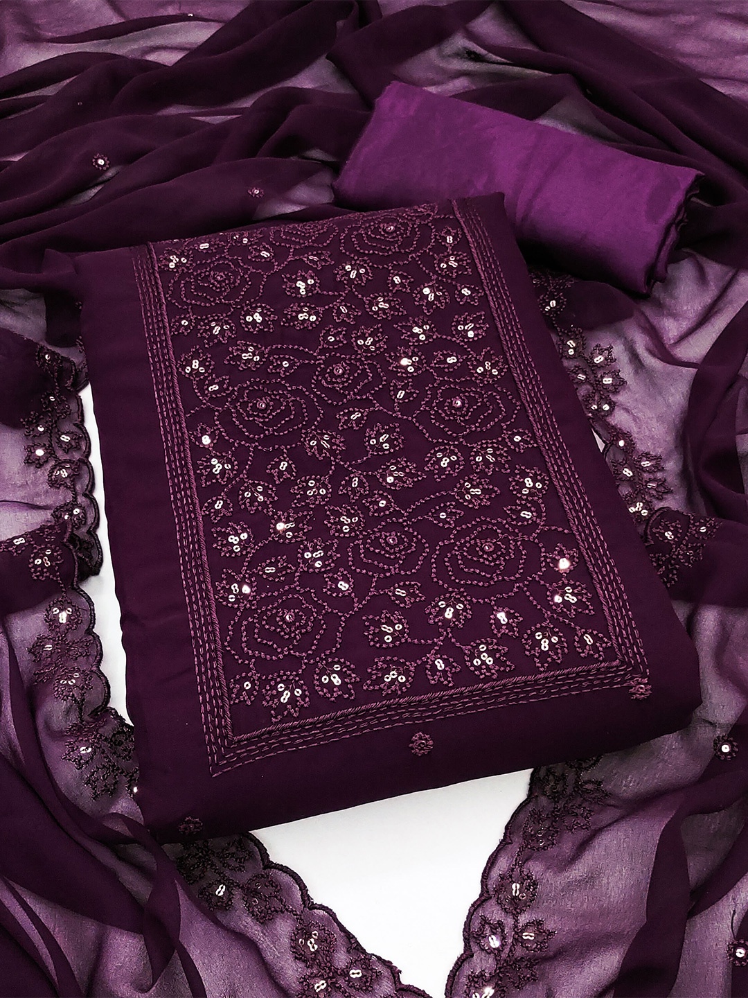 

SHADOW & SAINING Floral Embroidered Silk Georgette Unstitched Dress Material, Purple