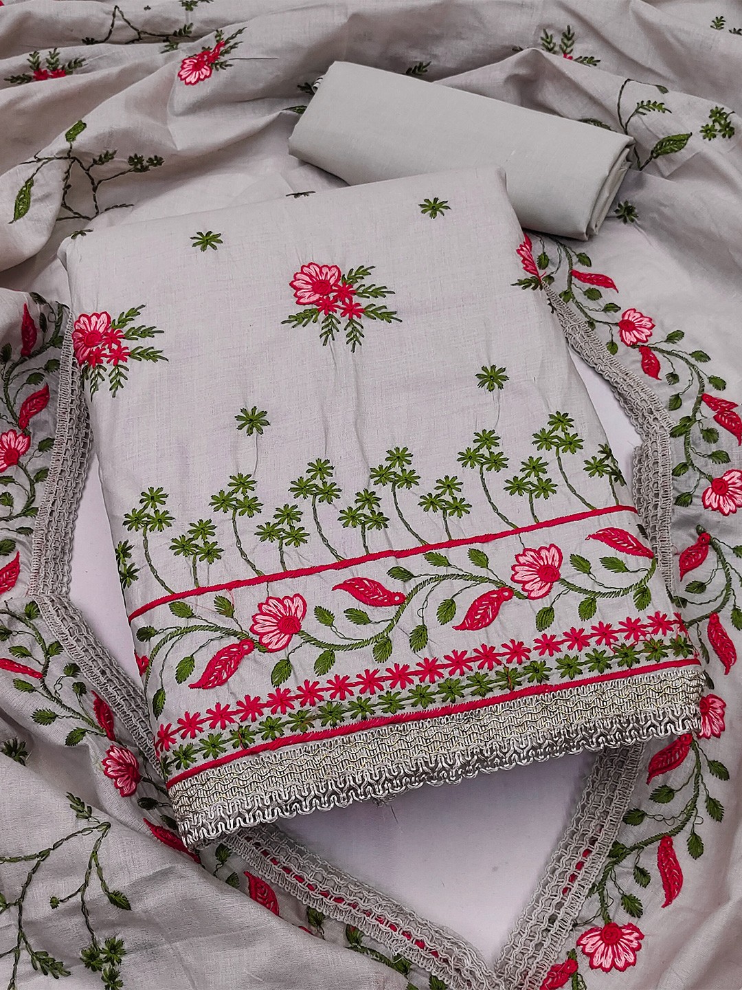

SHADOW & SAINING Embroidered Pure Cotton Unstitched Dress Material, Grey