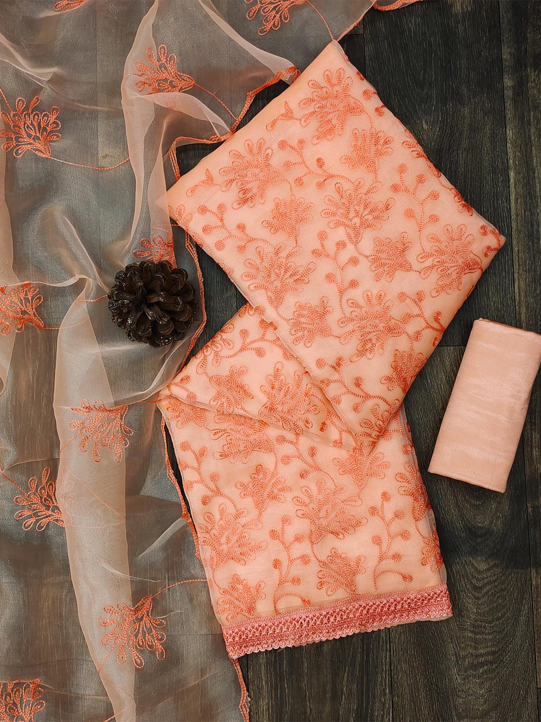 

SHADOW & SAINING Floral Embroidered Unstitched Dress Material, Orange