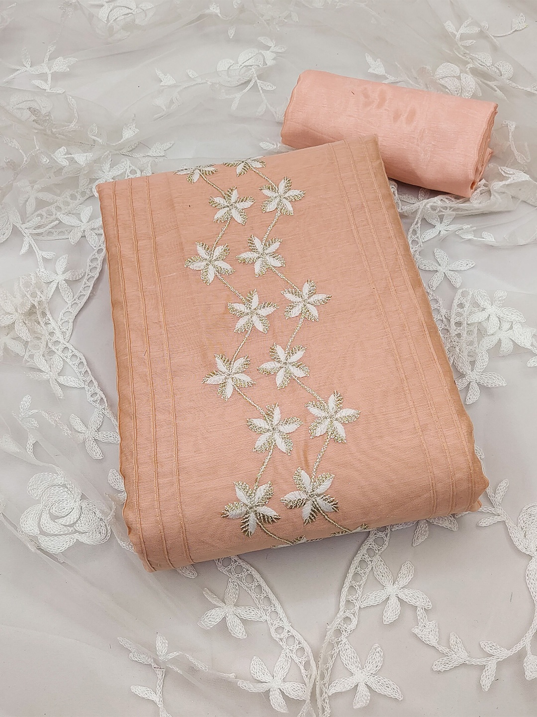 

SHADOW & SAINING Floral Embroidered Sequinned Unstitched Dress Material, Peach