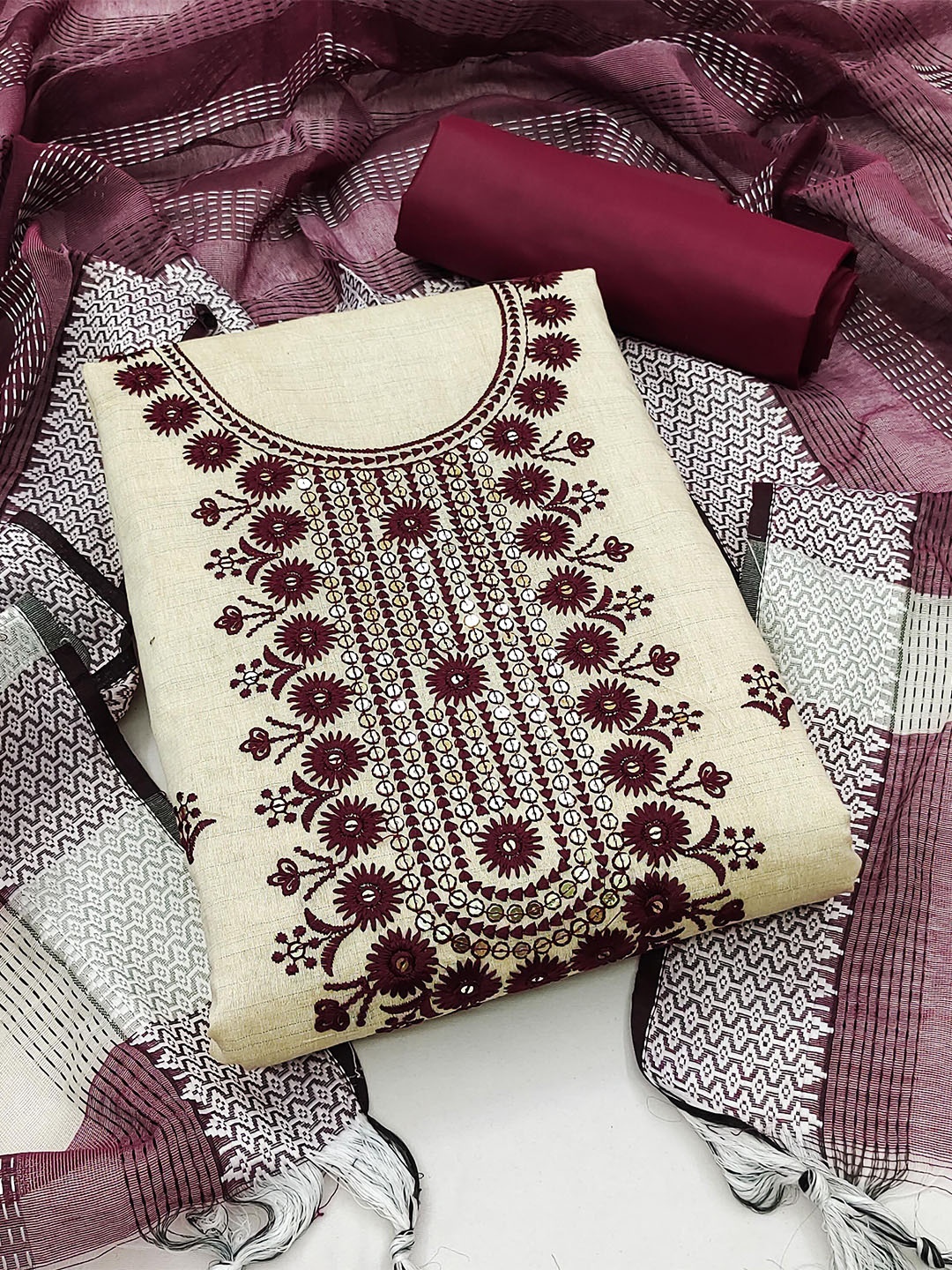 

SHADOW & SAINING Ethnic Motifs Embroidered Sequined Unstitched Dress Material, Maroon