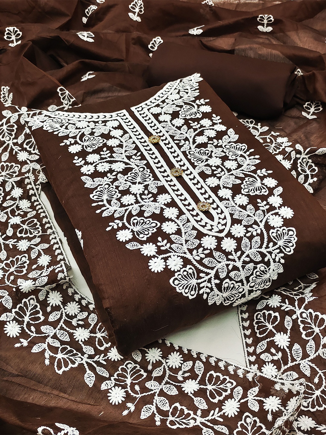 

SHADOW & SAINING Floral Embroidered Unstitched Dress Material, Brown