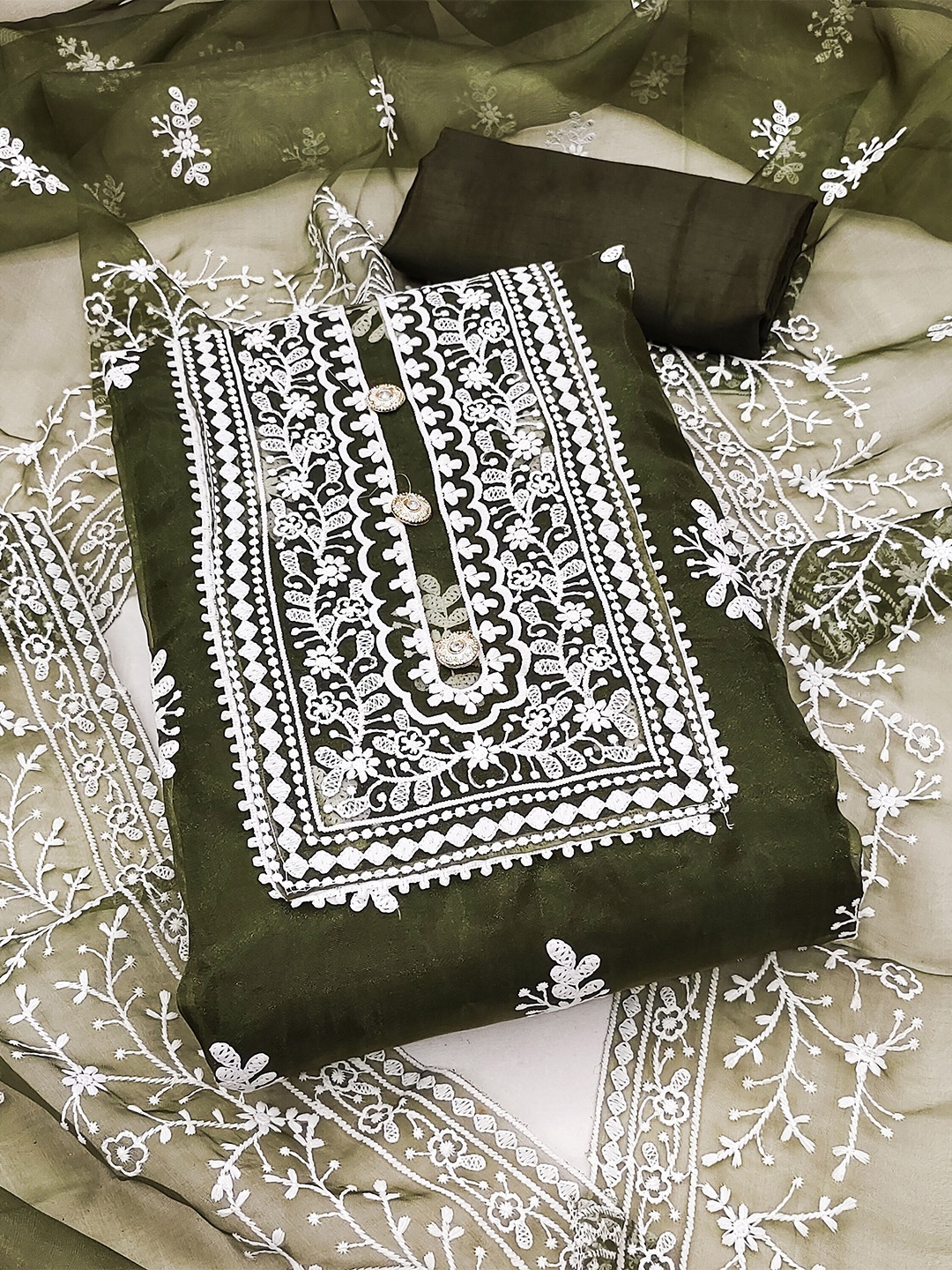 

SHADOW & SAINING Embroidered Organza Unstitched Dress Material, Olive