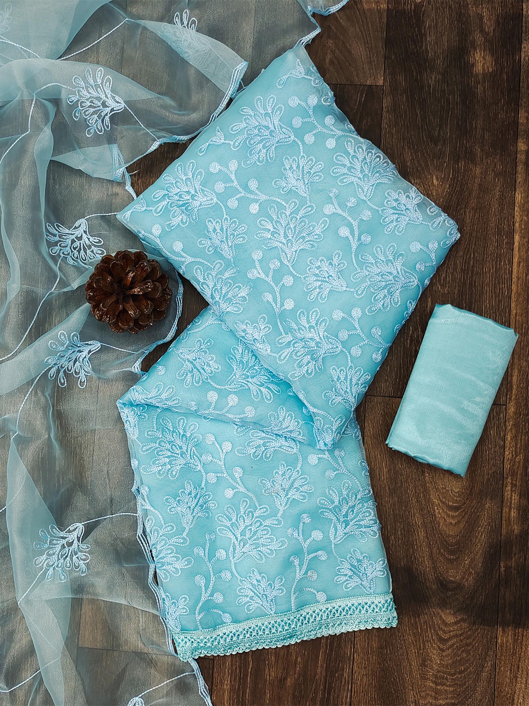 

SHADOW & SAINING Embroidered Organza Unstitched Dress Material, Teal
