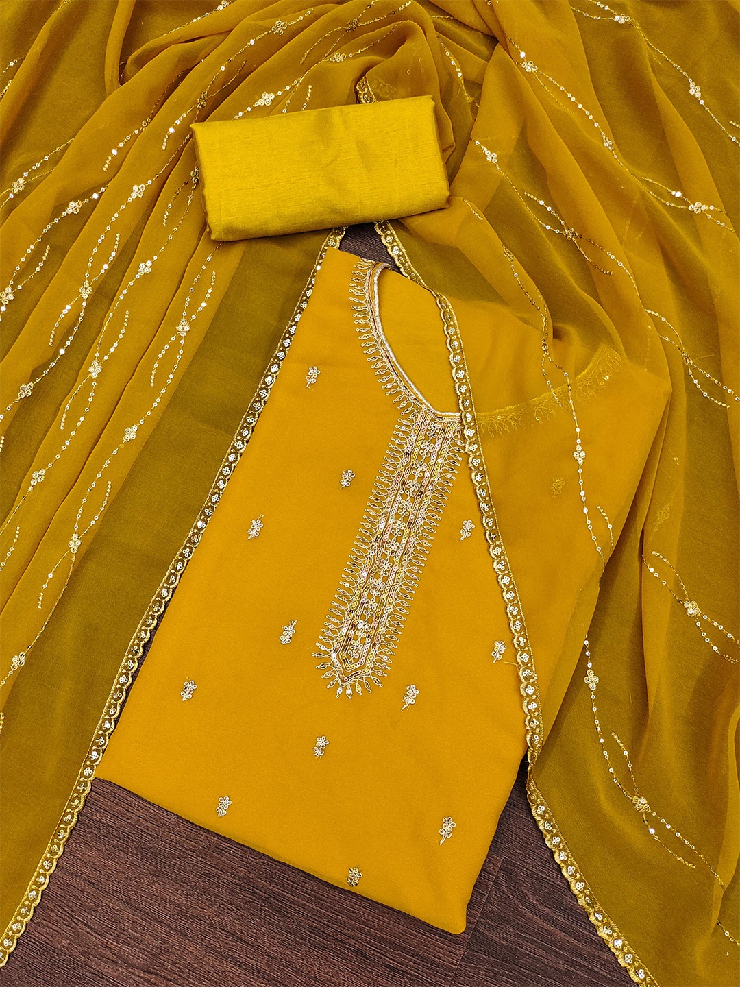 

SHADOW & SAINING Embroidered Silk Georgette Unstitched Dress Material, Yellow