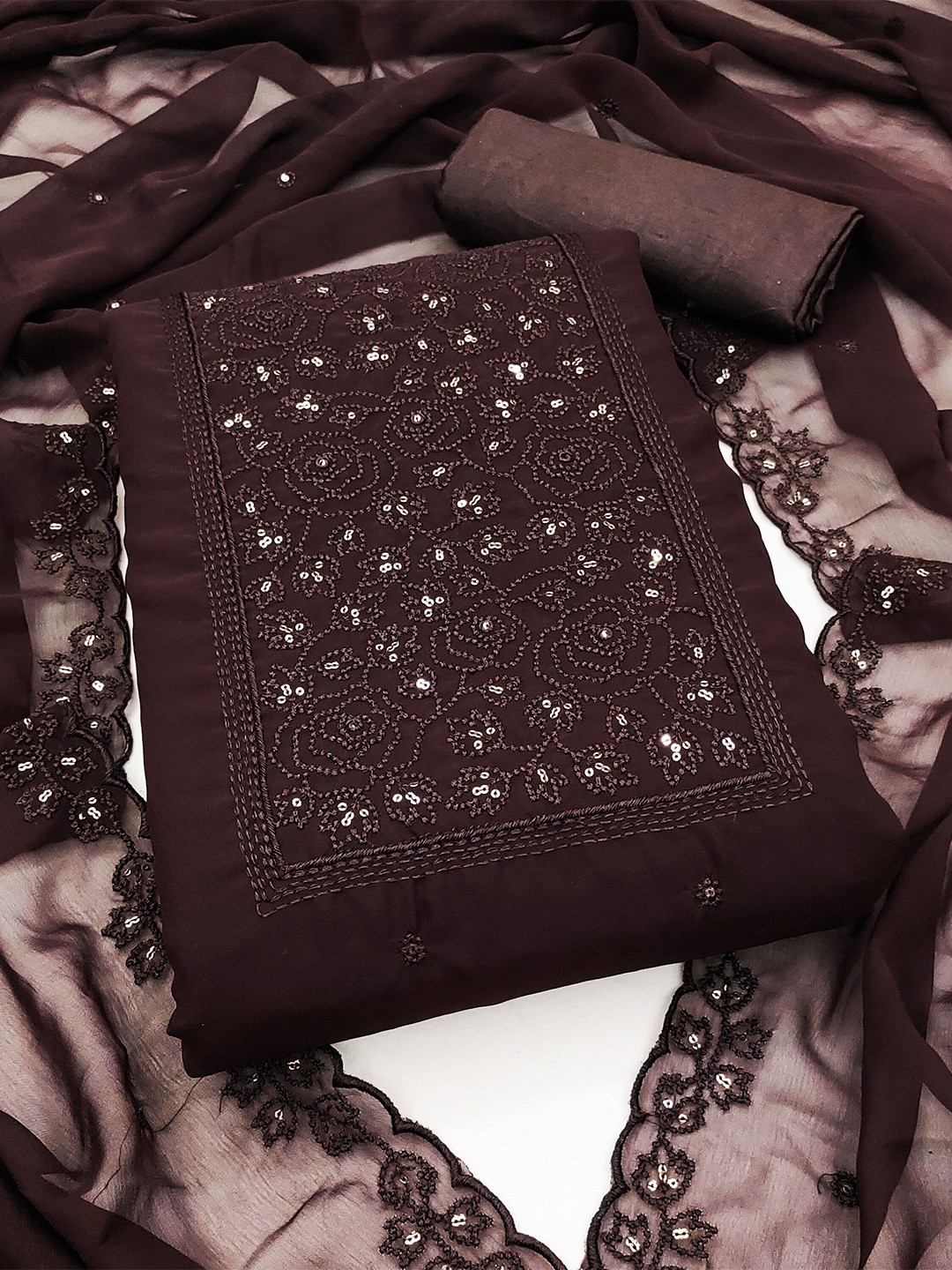 

SHADOW & SAINING Floral Embroidered Silk Georgette Unstitched Dress Material, Brown