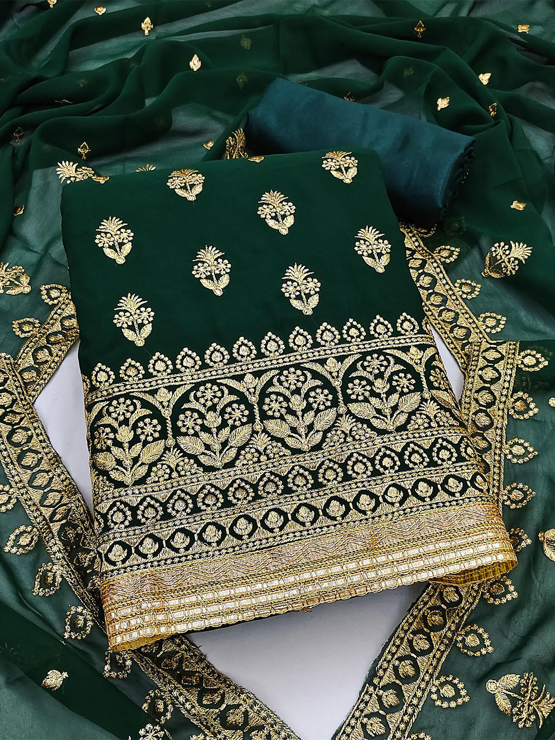 

SHADOW & SAINING Embroidered Silk Georgette Unstitched Dress Material, Green