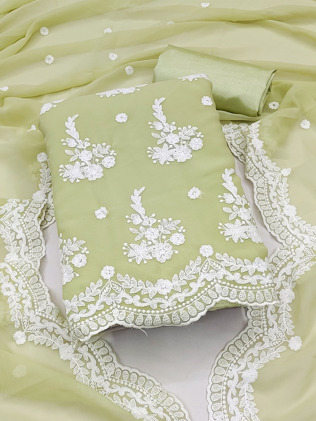 

SHADOW & SAINING Floral Embroidered Silk Georgette Unstitched Dress Material, Sea green