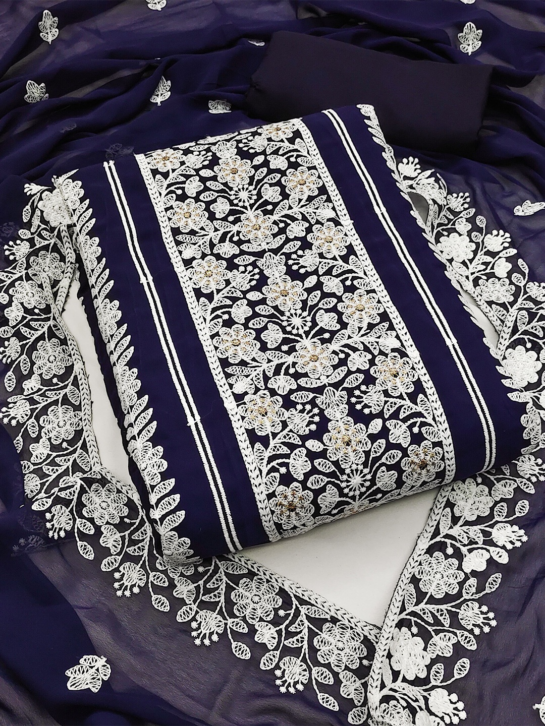 

SHADOW & SAINING Floral Embroidered Unstitched Dress Material, Blue