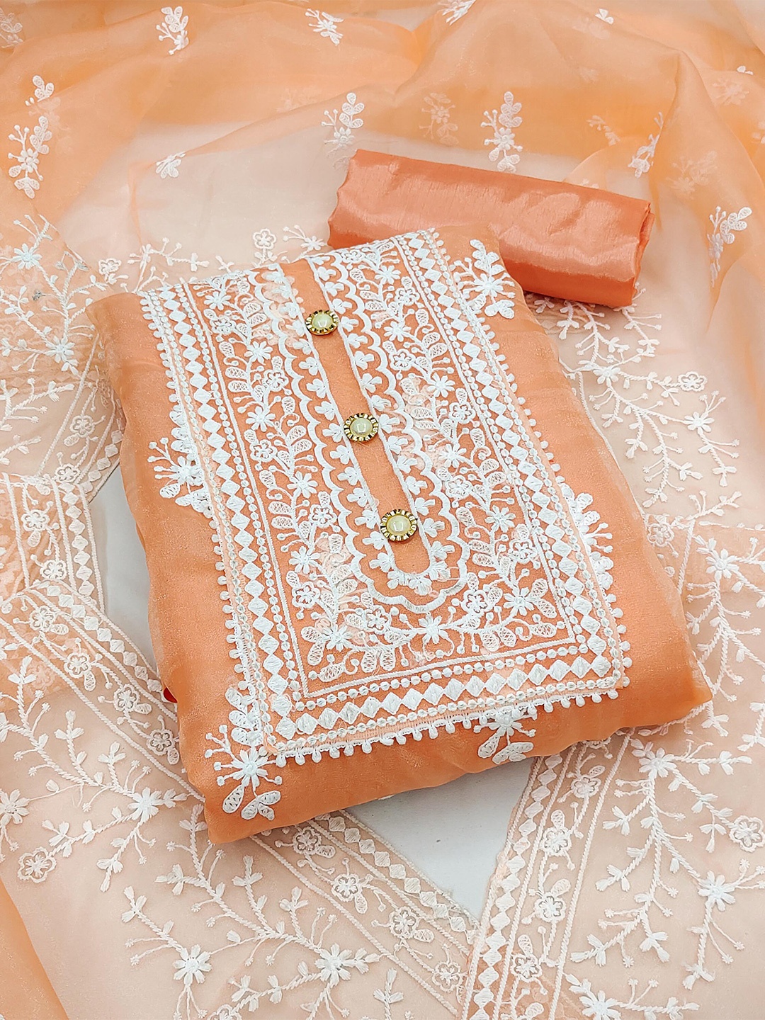 

SHADOW & SAINING Ethnic Motifs Embroidered Organza Unstitched Dress Material, Orange