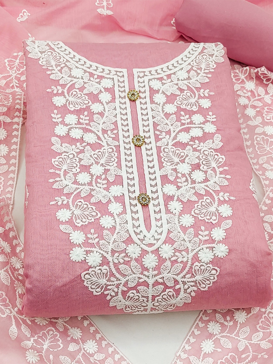 

SHADOW & SAINING Embroidered Unstitched Chanderi Cotton Dress Material, Pink