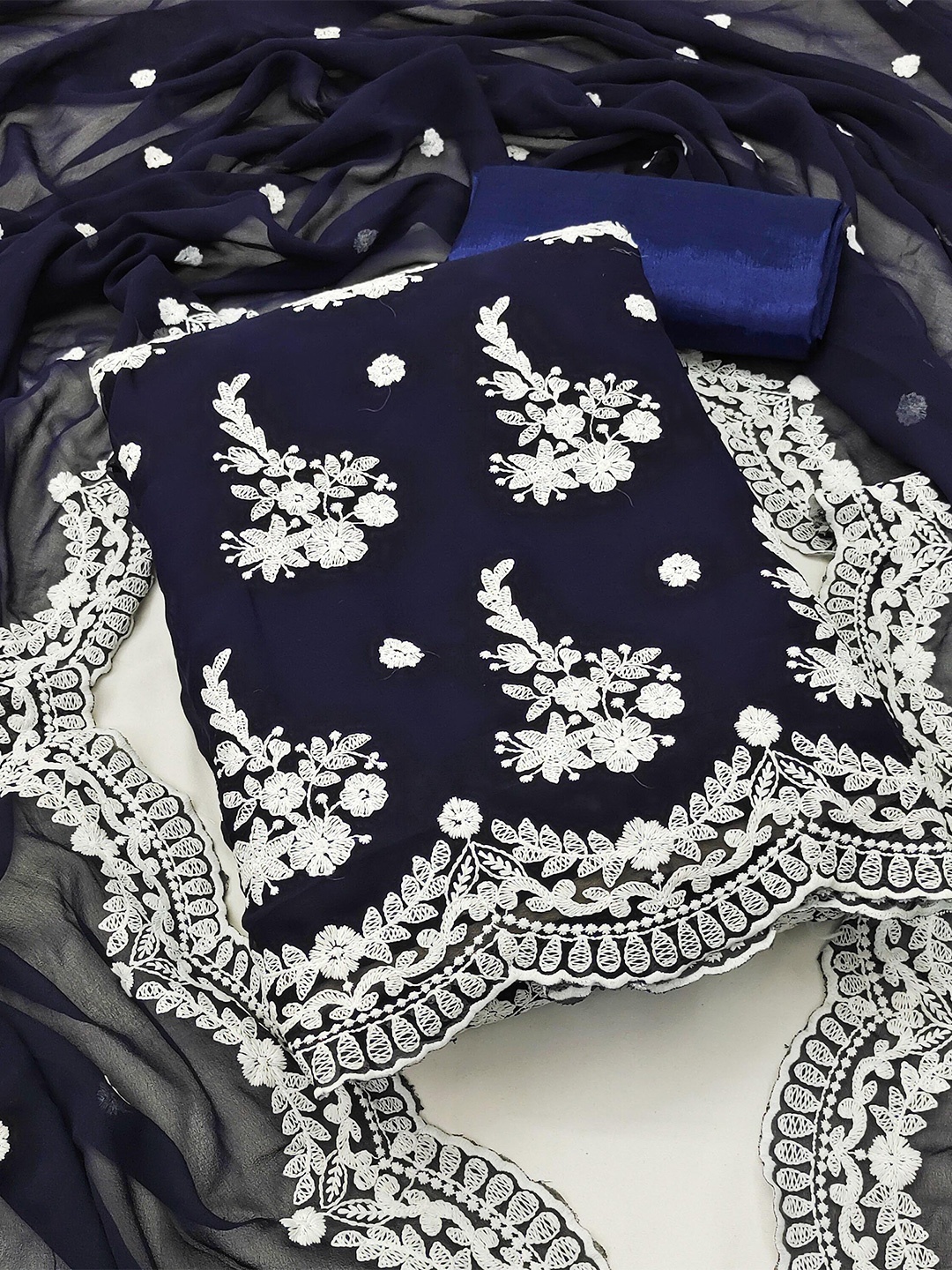 

SHADOW & SAINING Embroidered Silk Georgette Unstitched Dress Material, Blue