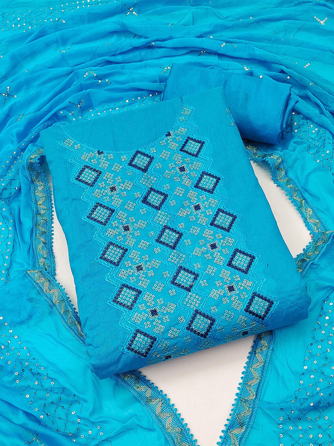 

SHADOW & SAINING Ethnic Motifs Embroidered Sequinned Detail Unstitched Dress Material, Teal