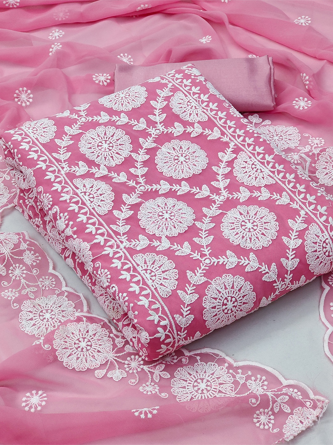 

SHADOW & SAINING Embroidered Silk Georgette Unstitched Dress Material, Pink