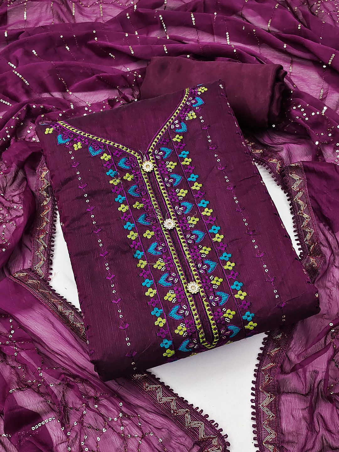 

SHADOW & SAINING Floral Embroidered Unstitched Dress Material, Purple