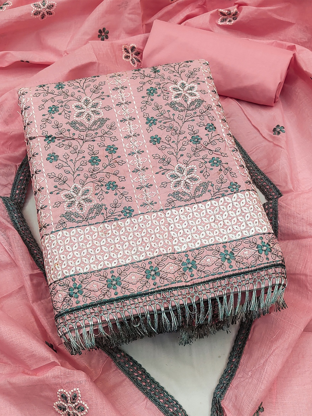 

SHADOW & SAINING Floral Embroidered Pure Cotton Unstitched Dress Material, Pink