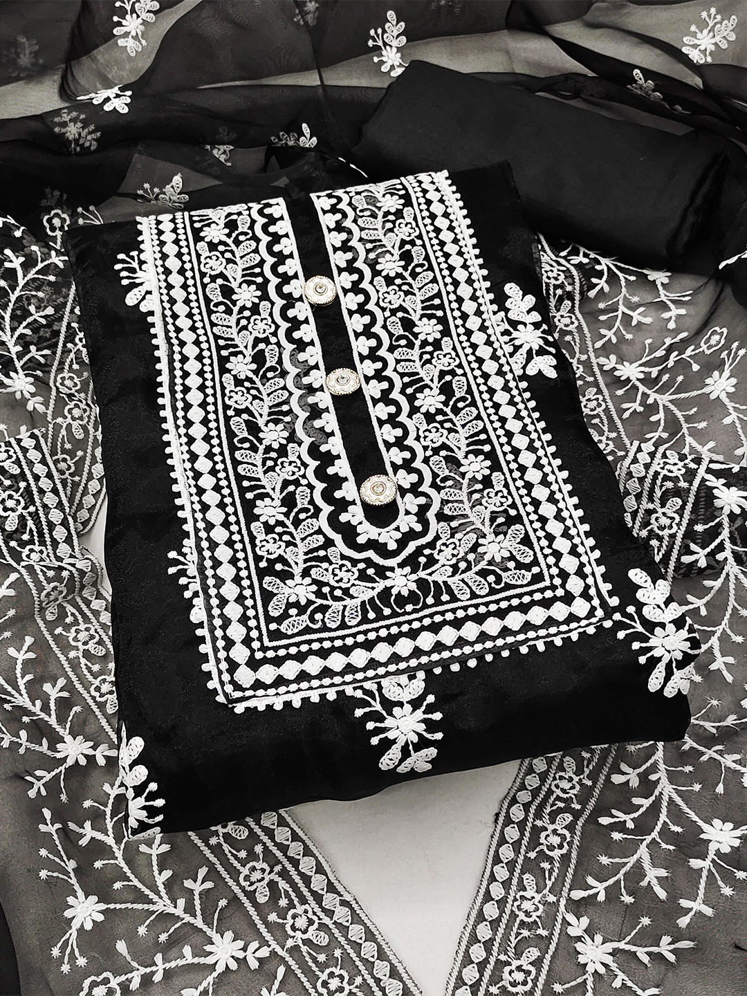 

SHADOW & SAINING Embroidered Organza Unstitched Dress Material, Black