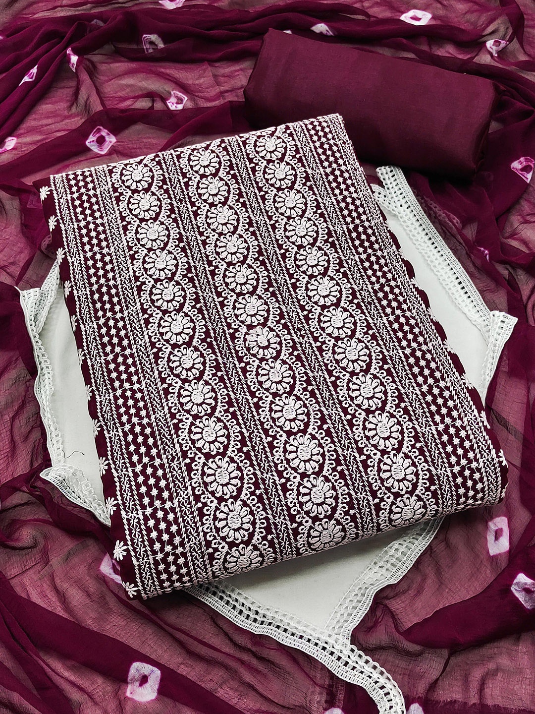 

SHADOW & SAINING Ethnic Motifs Embroidered Silk Georgette Unstitched Dress Material, Magenta