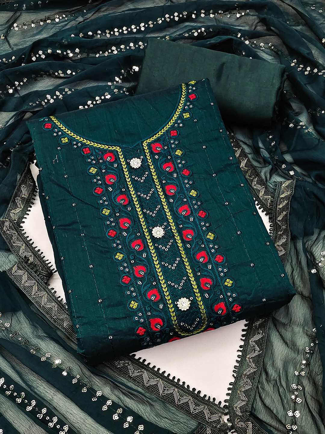 

SHADOW & SAINING Ethnic Motifs Embroidered Sequinned Unstitched Dress Material, Green