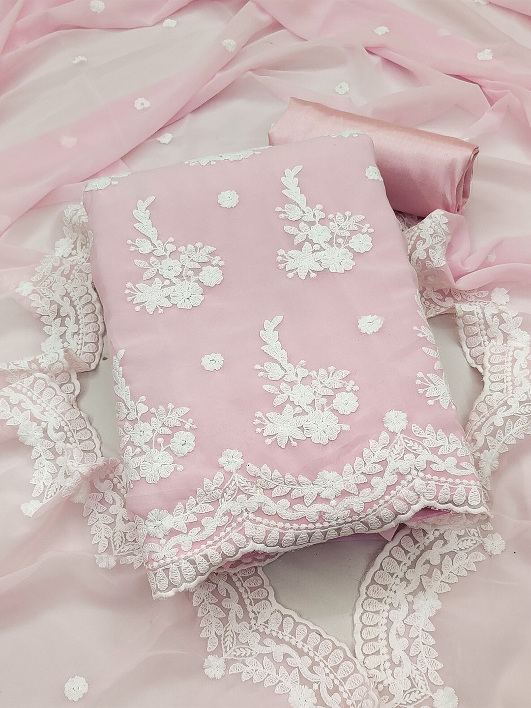 

SHADOW & SAINING Floral Embroidered Unstitched Dress Material, Pink