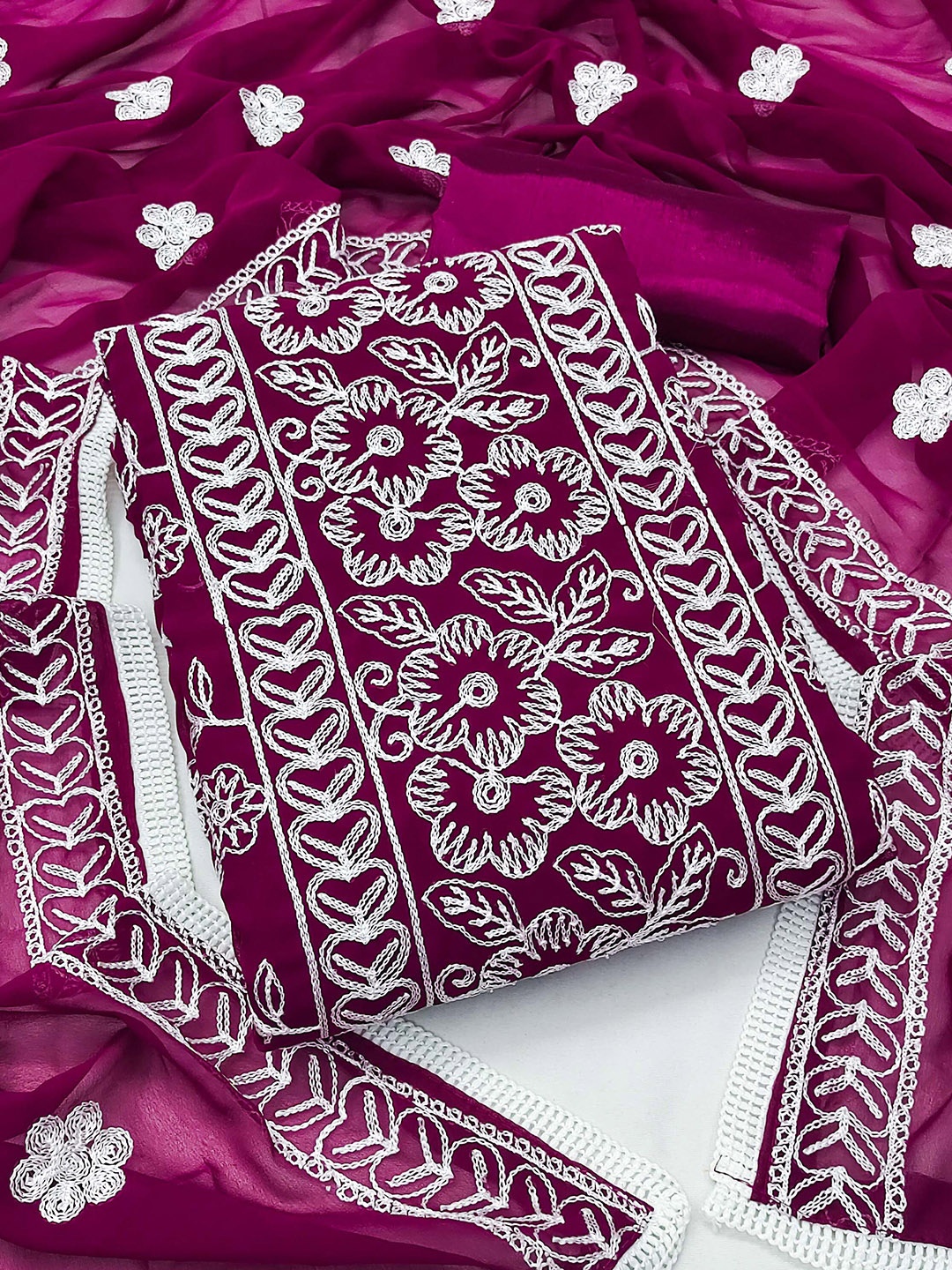 

SHADOW & SAINING Floral Embroidered Unstitched Dress Material, Magenta