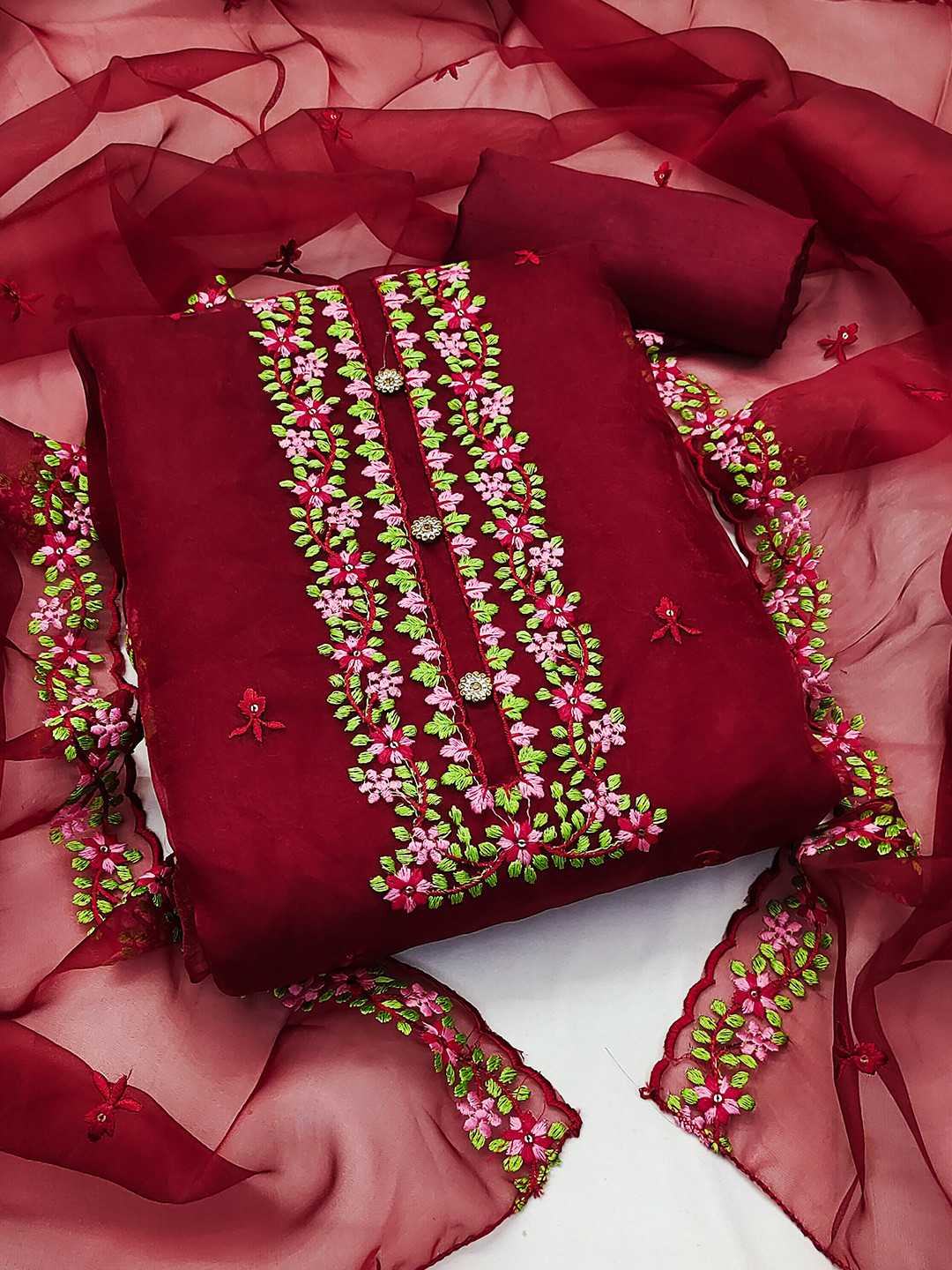 

SHADOW & SAINING Embroidered Organza Unstitched Dress Material, Maroon