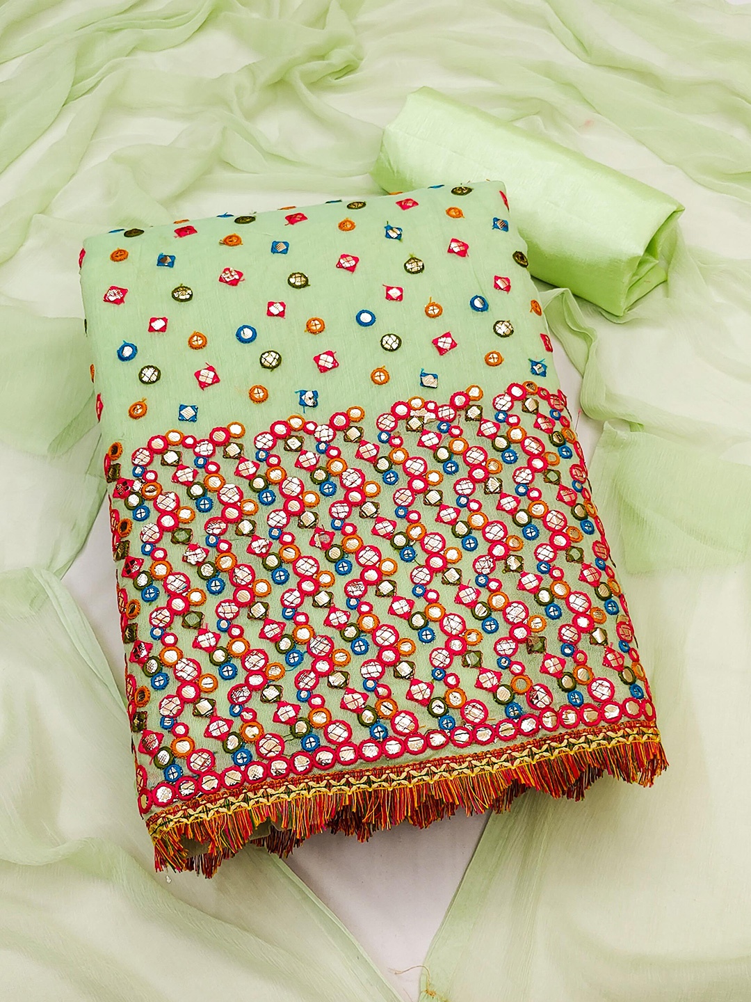 

SHADOW & SAINING Ethnic Motifs Mirror Work Embroidered Unstitched Dress Material, Green