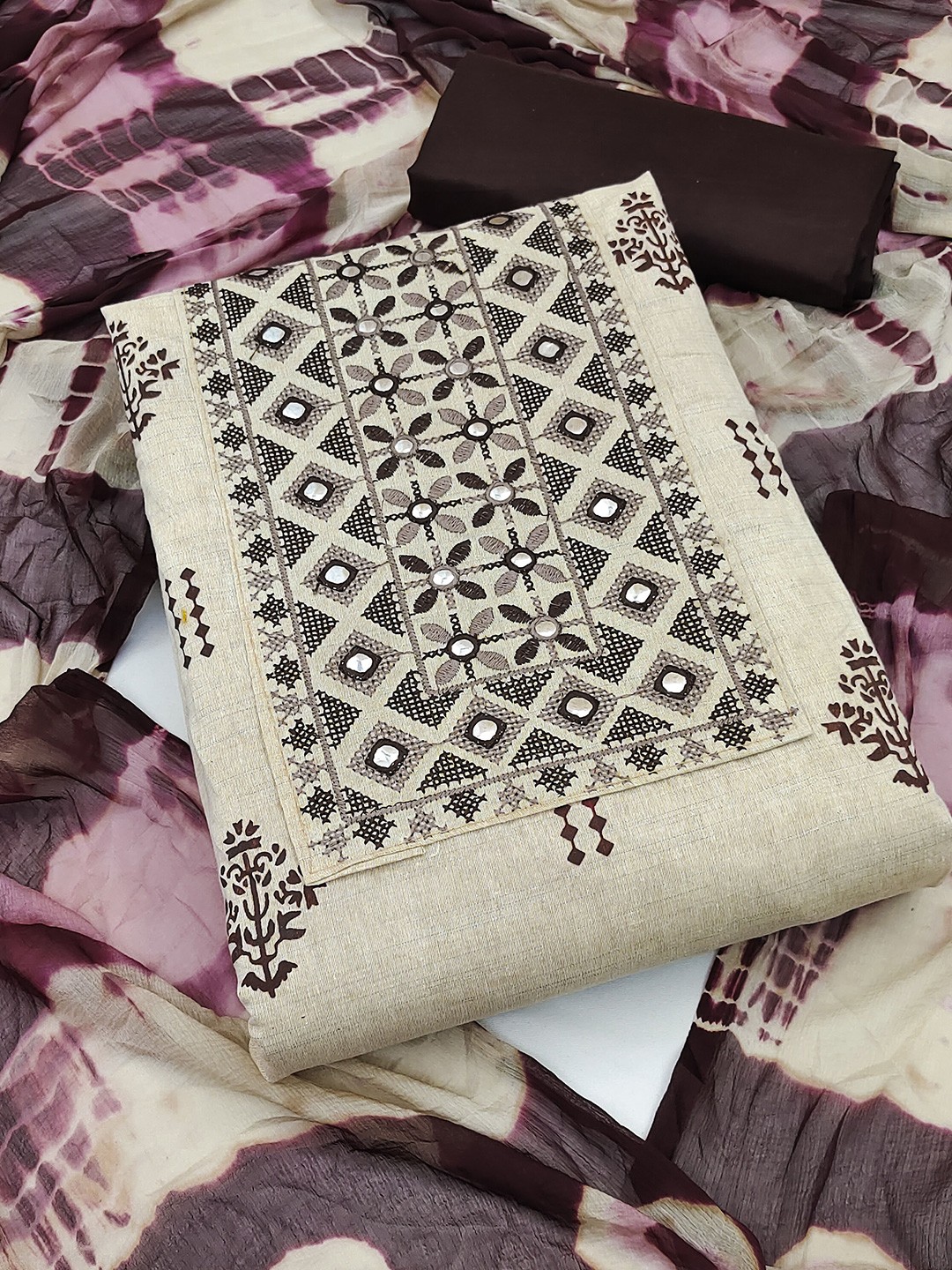 

SHADOW & SAINING Ethnic Motifs Embroidered Mirror Work Unstitched Dress Material, Beige