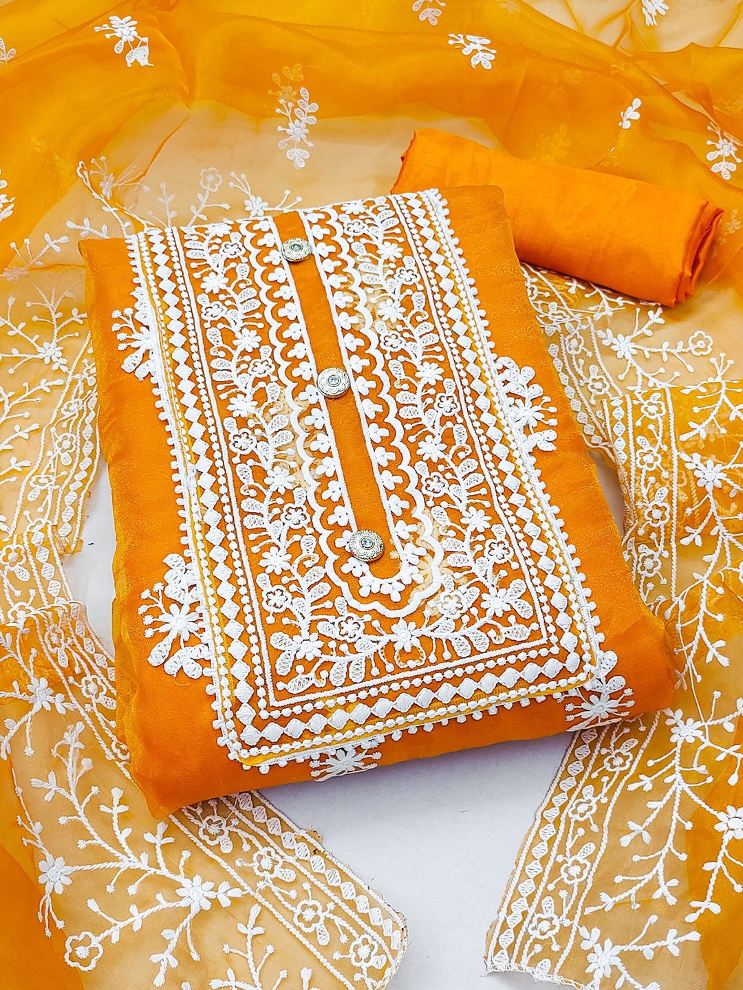 

SHADOW & SAINING Floral Embroidered Organza Unstitched Dress Material, Orange