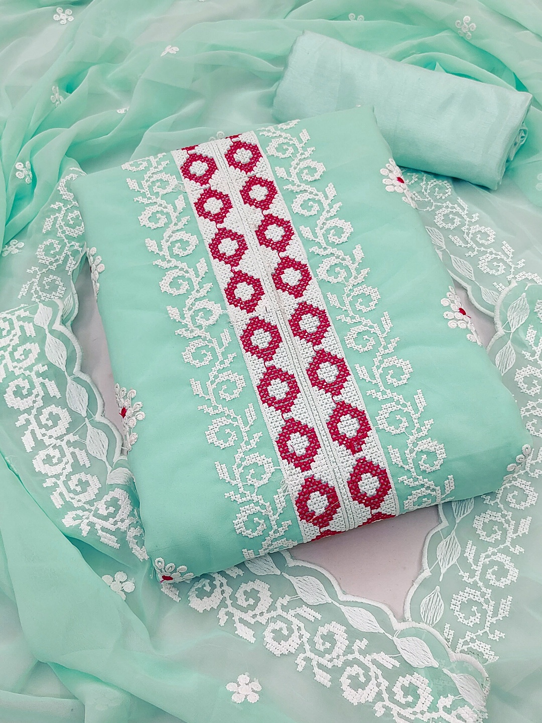 

SHADOW & SAINING Floral Embroidered Unstitched Dress Material, Sea green