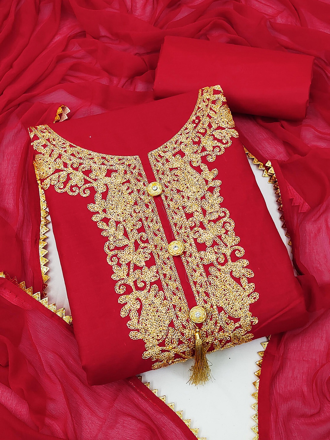 

SHADOW & SAINING Ethnic Motifs Embroidered Unstitched Dress Material, Red
